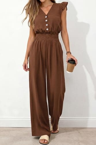 dowerme Women's Jumpsuits Dressy Casual 2026 Summer Ruffle Cap Sleeve V Neck Button Smocked Rompers Wide Leg Overalls(Brown,Large) - Thumbnail 6
