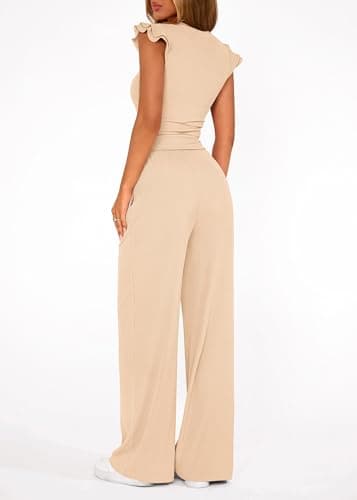 KIRUNDO Two Piece Sets For Women Dressy 2026 Summer Cap Sleeve Cute Tops Wide Leg Pants Spring Matching Set Vacation Outfits(Beige, X-Large) - Thumbnail 2
