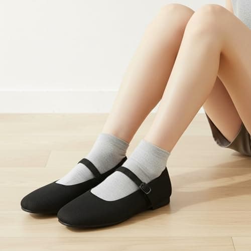 VUN Knit Flats for Women - Square Toe Ballet Flats with Adjustable Ankle Strap and Arch Support, Mary Jane Shoes for Dressy Office & Casual Comfort (Black,9) - Thumbnail 3