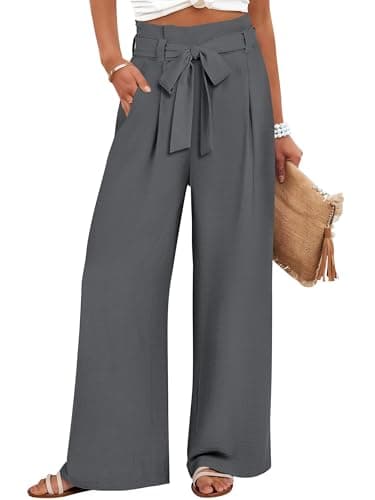 ANRABESS Womens Wide Leg Palazzo Pants Belted High Waisted Business Casual Flowy Long Trousers with Pockets Smoky Grey-S - Image 1
