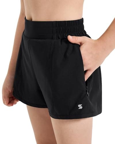 Stelle Girl's Athletic Shorts with Liner Zipper Pockets Elastic Waist Running Shorts Sports Active Shorts for Teen Kids(Black,XL) - Image 1