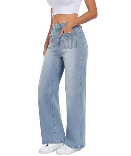 MARIASHA Wide Leg Jeans for Women, High Waist Stretchy Baggy Jeans, Blue Washed Denim Pants with Dual Pockets - Thumbnail 2