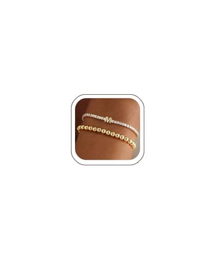 14K Gold Plated Bracelets for Women Dainty Tennis Initial Bracelet Trendy Beaded Stackable Charm Bracelets Layered Waterproof Bracelet Dainty Bracelet for Women Jewelry Gifts （M - Image 1