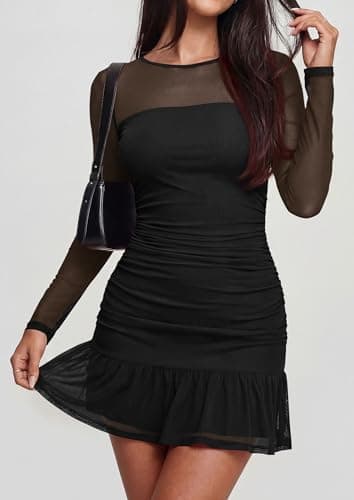 PRETTYGARDEN Women's Mesh Sheer Long Sleeve Ruched Bodycon Mini Dress 2026 Fall Cocktail Party Short Dresses with Ruffle Hem (Black,XX-Large) - Thumbnail 2