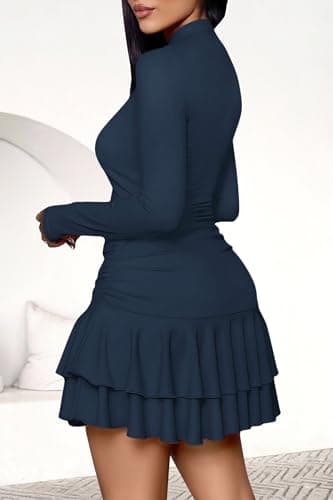 PRETTYGARDEN Women's Fall Long Sleeve Dresses 2026 Mock Neck Ruched Y2K Clothes Ruffle Layered Bodycon Mini Party Dress(Navy Blue,Medium) - Thumbnail 4