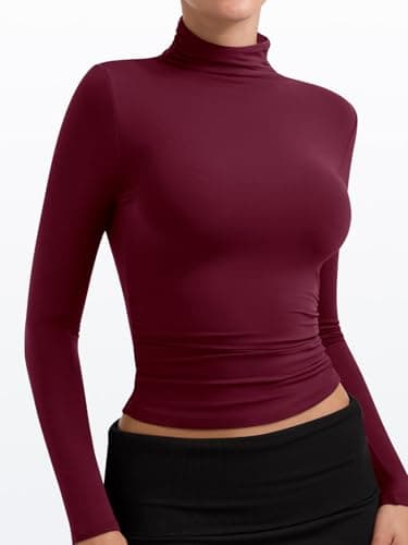 PINKMSTYLE Backless Long Sleeve Turtleneck Top Womens Double Lined Ruched Tops Country Concert Rave Outfits Burgundy X-Small - Thumbnail 3