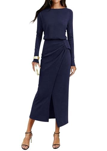 KIRUNDO Long Sleeve Dress for Women 2026 Spring Summer Boat Neck Cocktail Wedding Guest Knit Wrap Ruched Slit Maxi Dresses(Navy Blue, Medium) - Image 1