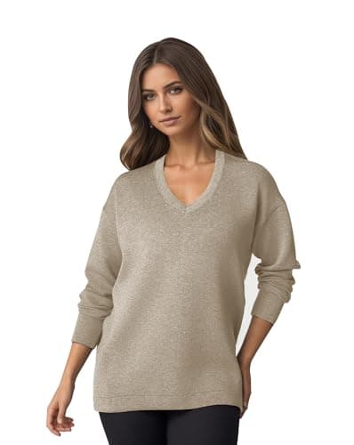 COCOMARTS Womens V Neck Sweatshirts Long Sleeve Casual Shirts Pullover Comfy Tunic Tops 2025 Fall Fashion Outfits Clothes Khaki Medium - Thumbnail 4