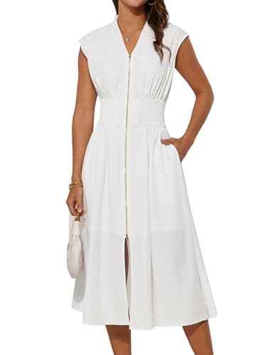 White Dress for Women 2025 Summer V Neck Sleeveless Formal Bridesmaid Wedding Guest Dress Ivory L - Image 1
