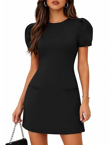 POTILI Women's Puff Sleeve Mini Dress, Crew Neck Bodycon Dress for Casual Party Cocktail Black - Image 1