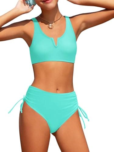 AMAWMW Girls Swimsuit Solid Color V-Neck Cutout Bikini Set Quick Dry Two Piece Bathing Suit for Girl Kids 7-16Y, Cyan, 9-10 Years - Image 1