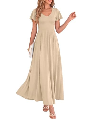 BTFBM Formal Dresses for Women Summer Outfits V Neck Ruffle Sleeve A Line Maxi Elegant Cocktail Wedding Guest Dress 2026(Apricot, Large) - Image 1