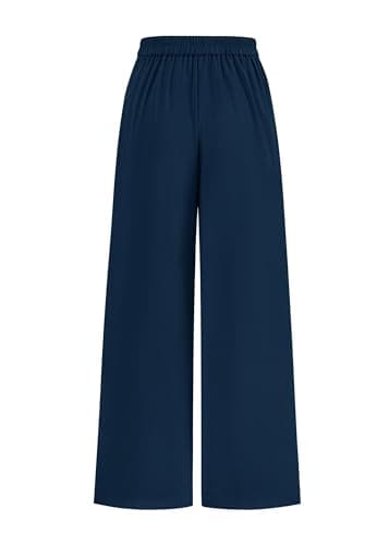 KIRUNDO Wide Leg Dress Pants for Women High Waisted Office Work Trousers Business Casual Slacks Button Flowy Palazzo Pant(Dark Blue, Large) - Thumbnail 4