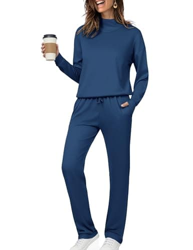 Totatuit Womens Tracksuit 2 Piece Matching Sweatsuit with Pockets Winter Warm Long Sleeve Lounge Set High Neck Vacation Wear Dark Blue S - Image 1