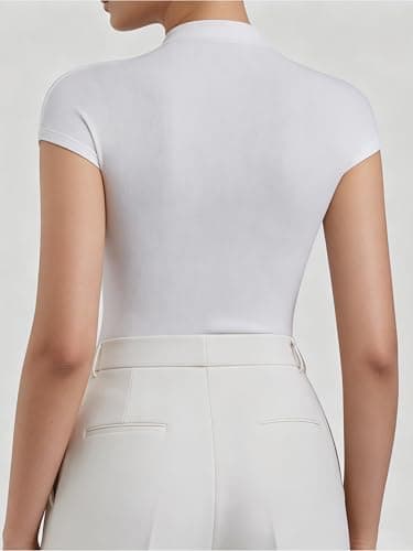 Sunzel Women's High Neck Short Sleeve Top Buttery Soft Stretch Breathable Fitted Sleek Going Out Tops Casual Summer Basic Tee White X-Small - Thumbnail 4