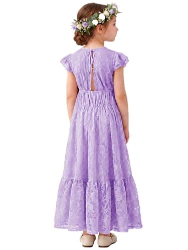 ALLOVIN Toddler & Girls Spring Graduation Lace Flower Girl Dress for Wedding Baptism First Communion Maxi Boho A-Line | Flutter Sleeve Purple | 3-4Y