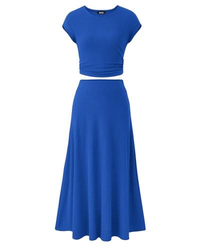 BTFBM Summer Outfits For Women 2026 Two Piece Sets Casual Crew Neck Short Sleeve Cropped Spring Tops Midi Skirt Lounge Set(Blue, Medium) - Image 1