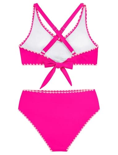 HOZIY Teen Bathing Suits Girls Bikini Sets Junior Contrast Trim Crisscross Tie Back Swimsuits Size 14-16 Kids Beach Swim Suit Swimwear Hot Pink - Thumbnail 6