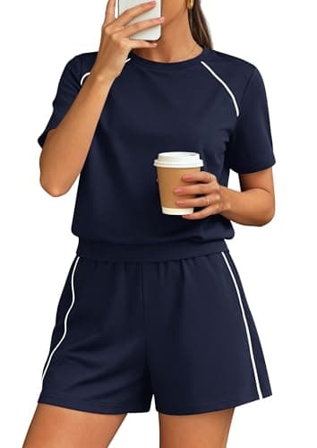 PRETTYGARDEN 2 Piece Short Sets for Women Summer Clothes 2026 Spring Matching Athleisure Lounge Set Airport Travel Outfits (Navy Blue,XX-Large) - Image 1