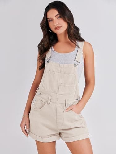 ANRABESS Overalls for Women Denim Shorts Overalls 2025 Summer Casual Loose Fit Adjustable Rompers Jean jumpsuit Bib Shortalls Apricot Large - Thumbnail 3
