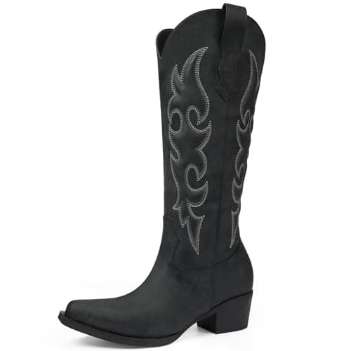 Quorvash Cowboy Boots for Women - Knee High Wide Calf Cowgirl Boots with Chunky Heel Snip Toe Side Zipper Embossed Design for Festival Prom Party Casual Outfits Black Size 9 - Image 1