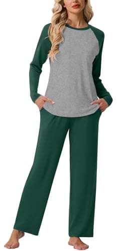 PrinStory Women's Pajamas Set Sleepwear Pjs loose-fit Long Sleeve Crewneck Shirts and Pant Soft Comfy Sleep Sets Dark Green S - Thumbnail 2