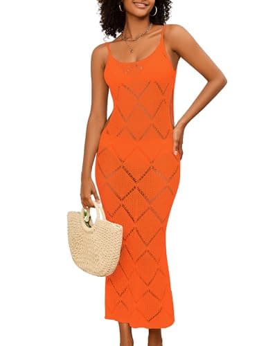 Bsubseach Swimsuit Crochet Beach Coverup - Women Hollow Out Knit Swim Cover Up Dress Spaghetti Strap Backless Dresses Orange XXL - Image 1