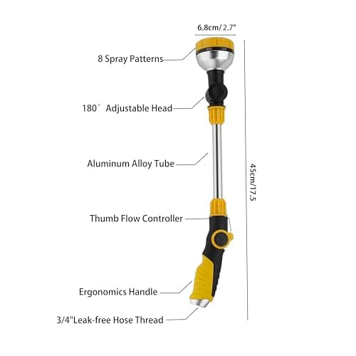 17.5" Multi-Pattern Watering Wand with Thumb Control & 180° Water Nozzle | 8 Spray Modes for High-Pressure Cleaning, Pet Bathing, Gardens, Hanging Baskets | Fits Standard Garden Hoses - Thumbnail 2