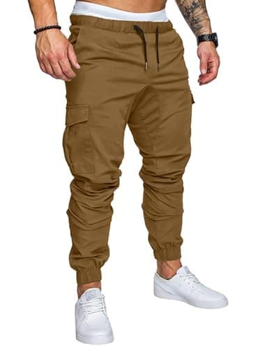 JMIERR Mens Fashion Cargo Pants - Casual Cotton Tapered Stretch Twill Chino Athletic Joggers Sweatpants Drawstring Workout Trousers Travel Pants with Pockets for Men Big and Tall, US 40(2XL), A Brown - Image 1