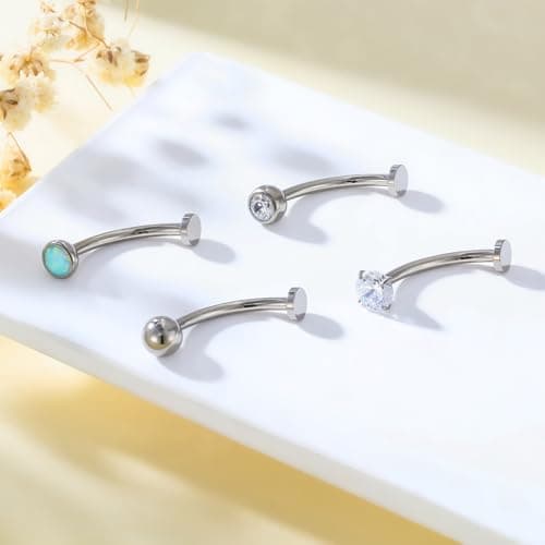Gnbaoya 4 Pcs 14G Titanium Floating Belly Button Rings for Women Hypoallergenic Flat Back Belly Button Ring 8mm/10mm/12mm/14mm Internally Threaded CZ Opal Navel Rings Piercing Jewelry (Silver, 14mm) - Thumbnail 4