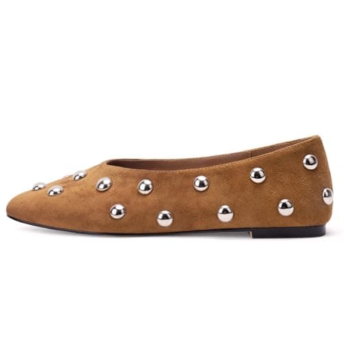 RBTHOLP Studded Flats for Women Suqare Toe Slip on Suede Ballet Flats Comfortable Walking Studs Ballet Shoes Brown - Image 1