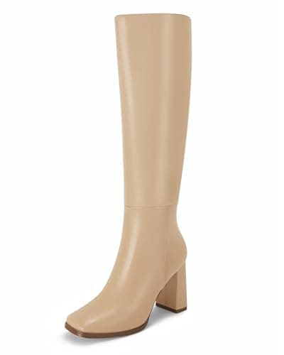 Coutgo Womens Wide Calf Knee High Boots Chunky High Heel Square Toe Fashion Leather Shoes with Side Zipper, Khaki, Size 7.5 - Image 1