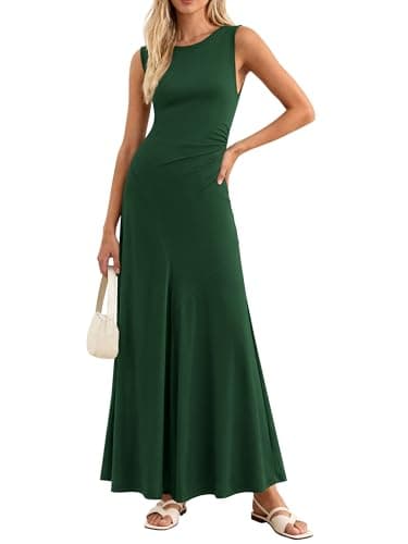 MASCOMODA Summer Casual Sleeveless Maxi Dresses for Women 2026 Spring Ruched A Line Flowy Tank Beach Vacation Long Sundress(Green,X-Large)