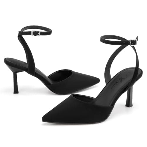 Athlefit Women's Closed Pointed Toe 3 Inch High Heels Ankle Strap Stiletto Heel Wedding Party Dress Pumps Shoes, Black Nubuck Size 10,SAPU2602W - Thumbnail 6