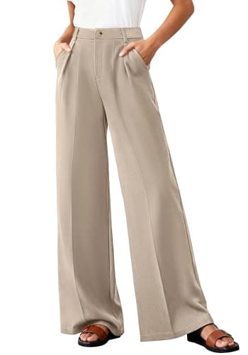 BTFBM Wide Leg Pants Woman 2026 High Waisted Button Business Casual Dressy Trousers Office Work Palazzo Pants Pockets(Light Khaki, X-Large) - Image 1