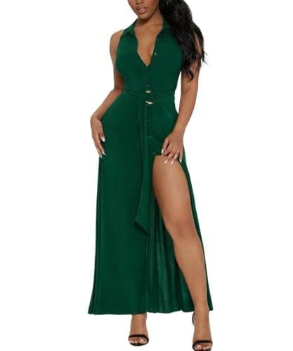 Deep V Neck Button Down Dress for Women Sleeveless Collared High Split Long Shirt Dresses Cocktail Wedding Party Maxi Dress Green 2XL - Image 1