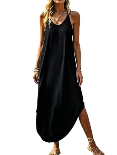 Ctsazhy Women Casual Maxi Dress V Neck Sleeveless Relaxed Fit Flowy Curved Hem Long Dress (US, Alpha, Large, Regular, Regular, Black) - Image 1