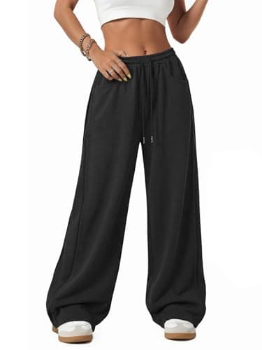 ATHMILE Wide Leg Sweatpants Women Y2k Parachute Pants Black Sweat Pants with Pockets Elastic Waist Lounge Track Pants - Image 1