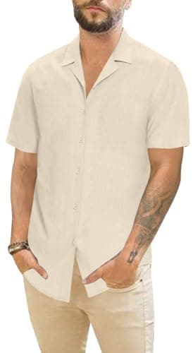 JEKAOYI Mens Casual Cotton Linen Button Down Short Sleeve Shirts Summer Cuban Camp Beach Shirts Vacation Wedding Shirt Beige - Image 1