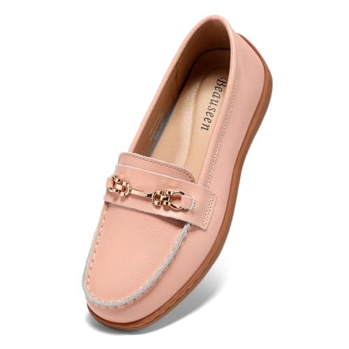 BEAUSEEN Women's Flat Penny Loafer with Leather Breathable Ladies Shoes for Long Time Standing Pink,8 US - Image 1