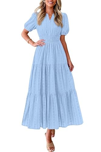 PRETTYGARDEN Womens Summer Maxi Dresses 2026 Casual Puff Sleeve V Neck Smocked Flowy Eyelet Cotton Dress Spring Sundress(Light Blue,X-Large) - Image 1