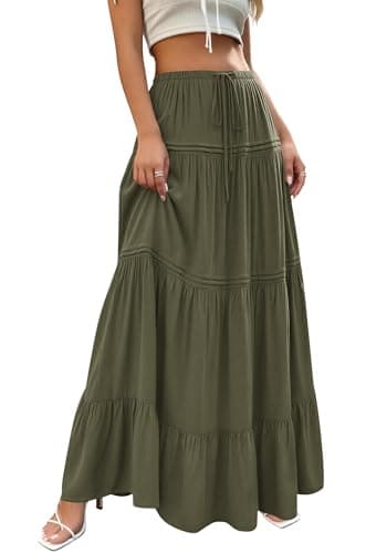 BTFBM Spring Skirts for Women 2026 Summer Boho Beach Vacation Clothes Casual Pleated High Waisted Flowy Maxi Skirt(Army Green, X-Large) - Thumbnail 6