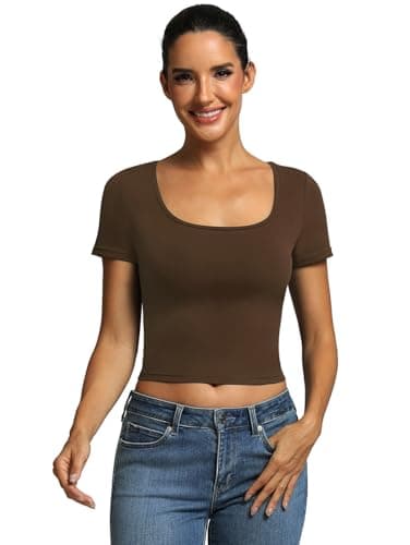 ICTIVE Women's Short Sleeve T Shirts Casual Summer Basic Scoop Neck Slim Fit Work Tops Coffee XL - Image 1