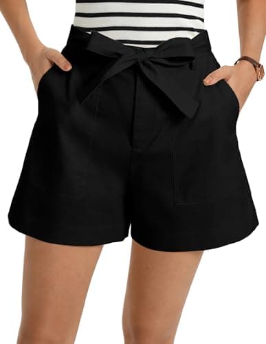 GRACE KARIN Womens Summer Linen Shorts High Waisted Casual Tie Wasit Short Pants with Pockets Black - Image 1