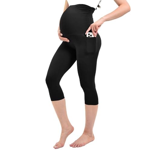 Ipletix IpletixMaternity Capris Leggings with Pockets Over The Belly, Yoga Workout Pants for Pregnancy & Postpartum Black S - Image 1
