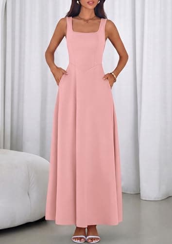 PRETTYGARDEN Womens Summer Dresses 2026 Sleeveless Elegant Square Neck Aline Swing Maxi Beach Wedding Guest Dress Pockets (Pink,Large) - Thumbnail 6