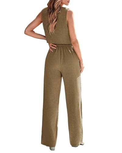 KIRUNDO 2 Piece Sets for Women Summer 2026 Casual Dressy Vest Blazer and Wide Leg Pant Suits Set Business Casual Outfits Airport Travel Clothes(Khaki, Small) - Thumbnail 2