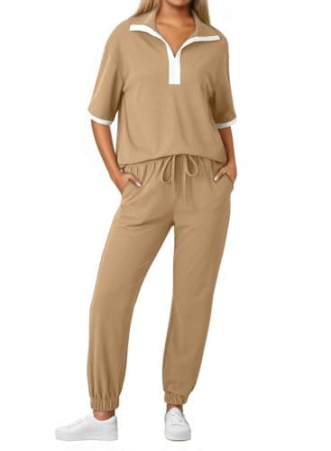 Dokotoo Womens Ladies Fashion 2 Piece Outfits Sets Casual Sweatsuits Jumpsuit 2Pc Clothes Solid V Neck Short Sleeve Sweatshirts Cozy Loose Fit Jogger Sweatpants with Pockets Beige X-Large - Image 1