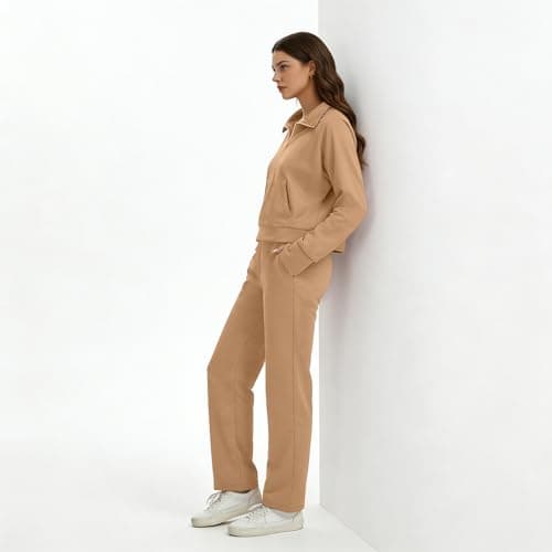 Anyshe Women's 2 Piece Sweatsuit Set Lounge Set Half Zip Sweatshirt with Kangaroo Pocket Thumb Holes Wide Leg Drawstring Pants Casual Tracksuit for Travel Daily Wear, Khaki, X-Large - Thumbnail 3