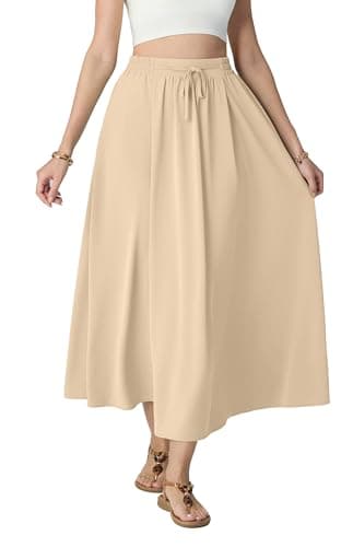 HiMONE Womens Summer Long Chiffon Skirt Elegant High Waist Flowy A-Line Midi Silk Skirts for Cocktail Party Wedding Khaki M